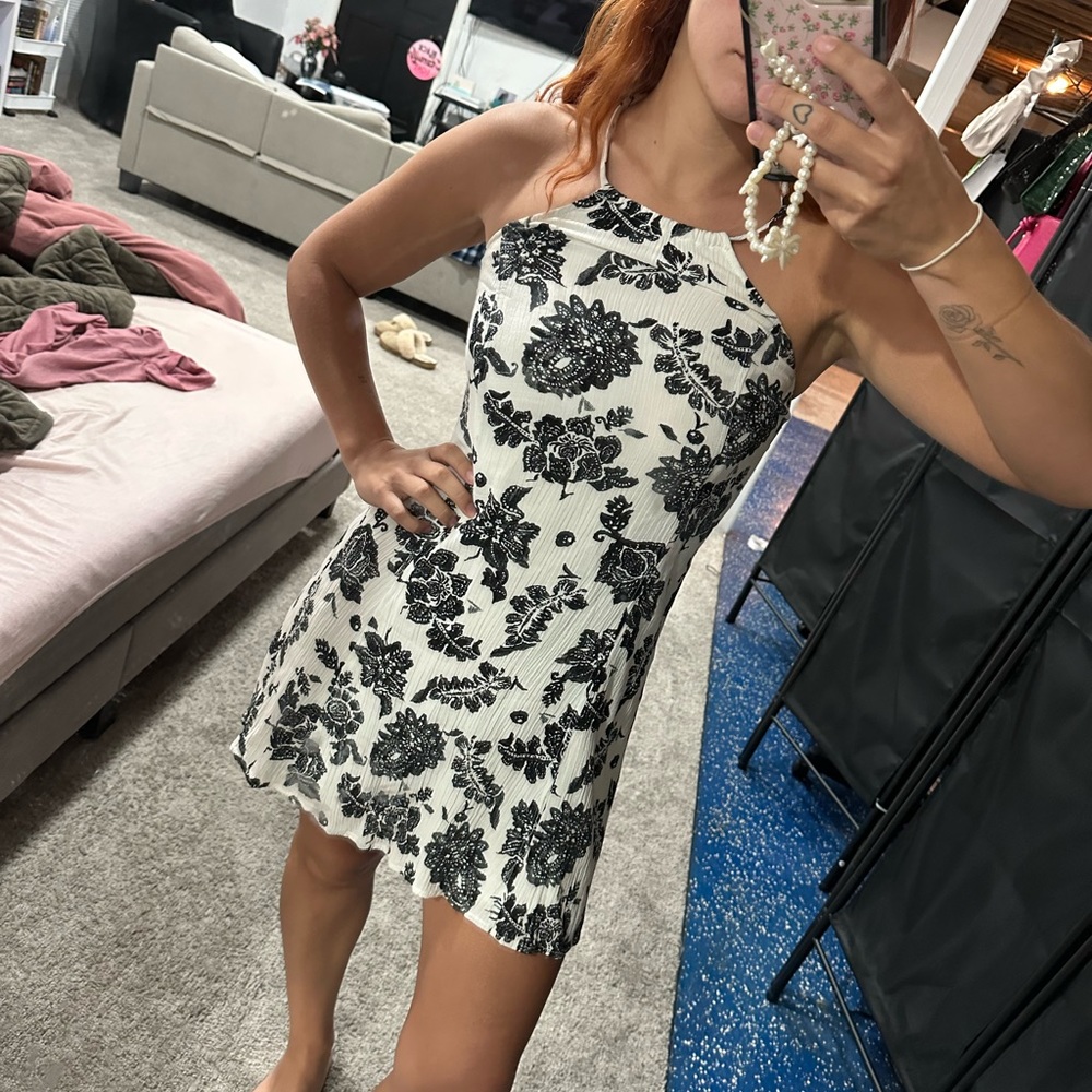 Black and white floral halter mini dress